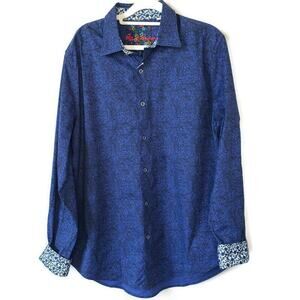 Robert Graham Geometric Floral Camo Print Stretch Sport Shirt Navy Blue Large